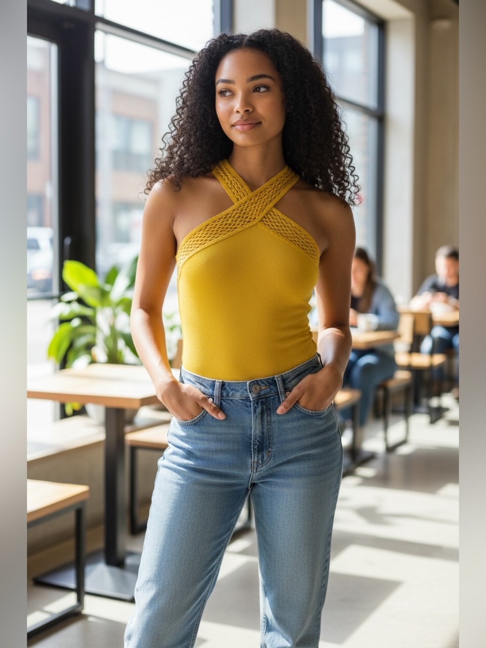 Express Mustard Crisscross Halter Bodysuit